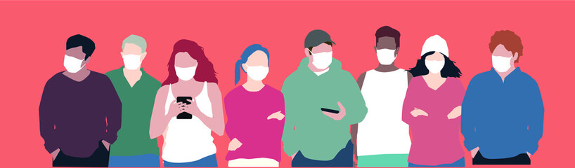 A group of diverse people in new normal wearing masks.