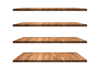 A collection of brown wooden shelves on a white background that separates the objects. There are clipping paths for the designs and decoration