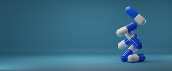3D render illustration.group of medicine pills and antibiotics on top of each other on blue background.Medical and health care concept.copy space.