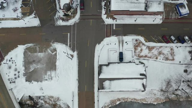 Top down view of American county town street and buildings
