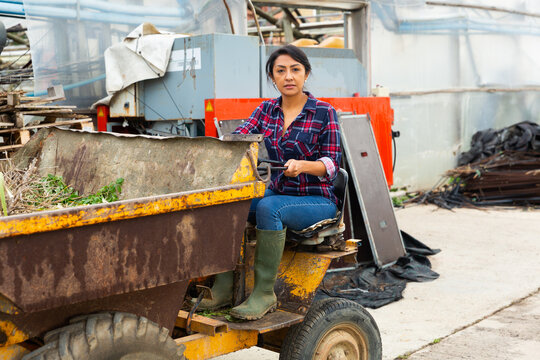 American colombian female woman working on Forklift loader and removing garbage at vegetable plant factory