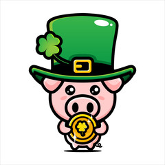 vector design of cute cartoon pig animal wearing st patrick costume holding gold coins