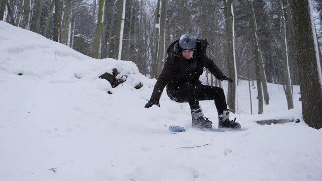 Snowboard Fall After Jump Near By, Slow Motion