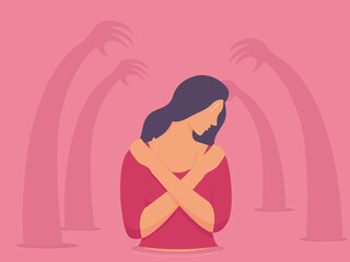 Obraz premium sad unhappy young woman surrounded by hands with guilt, Depressed woman covers her body by hand.