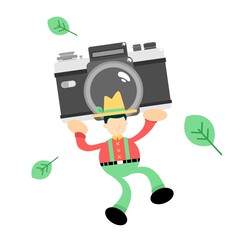 farmer man agriculture and vintage camera photograph cartoon doodle flat design style vector illustration