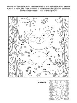 Panda bear in bamboo forest connect the dots picture puzzle and coloring page. Answer included.
