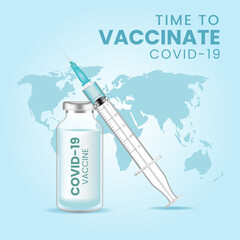 Coronavirus vaccine vector background. Covid-19 corona virus vaccination with vaccine bottle and syringe injection tool for covid-19 immunization treatment.