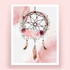 Watercolor dream catcher rose pink and burgundy flower feather