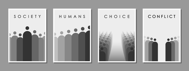 Set of minimalist black and white design for the cover of a social engineering conference and other events, vector. The concept of problems in society.
