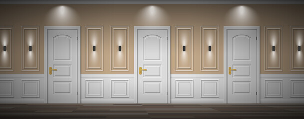 hotel classic interior corridor doors lamps front view vector illustration - obrazy, fototapety, plakaty