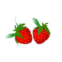Large red strawberry berry with green leaves on a white background