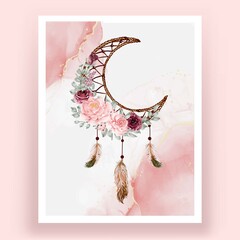 Watercolor dream catcher rose pink and burgundy flower flower feather