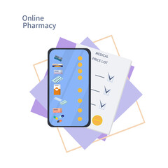 Online pharmacy. Medicines and price list on the smartphone screen. Tablets and capsules. Health care concept, online ordering, choosing or buying medicines over the Internet. Template for medical web