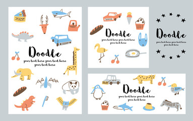 動物と食べ物の落書き_デザインセット01