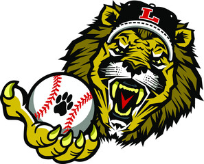 roaring lions baseball team mascot holding ball for school, college or league