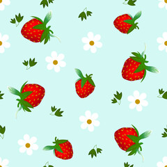 Fototapeta na wymiar Large red strawberry berry with green leaves on white background, seamless food pattern