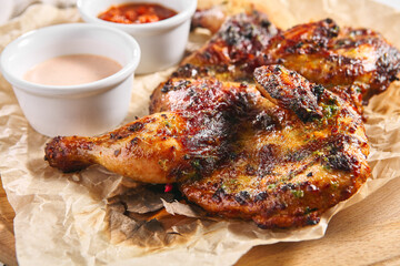 Chicken tabaka restaurant food dish. Rustic style fried food on white old table. Rustic, restaurant, grilled food concept.