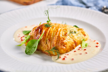 Zander Fish Baked in Dough with Caviar and Cream Sauce. Restaurant food plate on white table. Delicious baked fish meal.