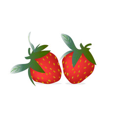Large red strawberry berry with green leaves on a white background