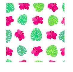 pink tropical flowers and leaves. seamless pattern. exotic paradise flowers. bright stock vector illustration on a dark background.