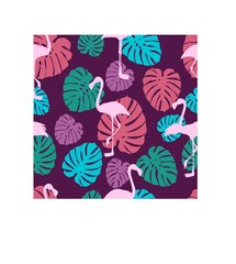flamingos and tropical leaves. seamless pattern with flamingos and monstera leaves. seamless pattern for printing on fabrics and paper. stock vector illustration.