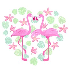 pink love flamingo. valentine's day. tropical bird. bird of paradise. stock vector illustration with flamingos, leaves and flowers on a white background.