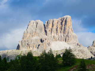 Fototapeta na wymiar Amazing landscape at the Dolomites in Italy. View at Averau mountain the highest of the Nuvolau Group. Dolomites Unesco world heritage. The most beautiful mountains on Earth. Summer time
