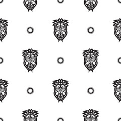 Seamless pattern with tiki face, mask or totem. Samoan style patterns. Good for prints, textiles and backgrounds. Isolated. Vector illustration.