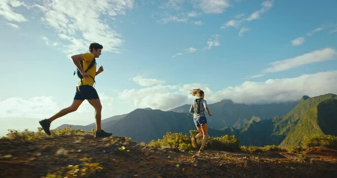 Running on mountain trail, epic adventure, couple goals, adventure lifestyle, training for marathon