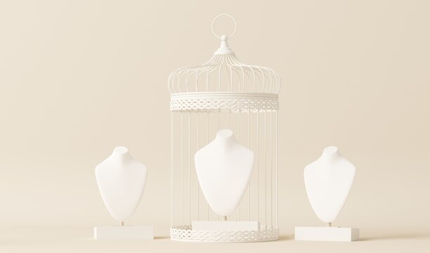 Bust showcase jewelry display for necklace pendant in a cream background. Stand holder. Beige color mannequin jewelry stand. Trendy 3d render for social media banners, promotion, presentation, picture