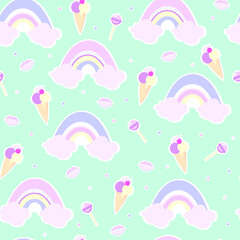 Obraz premium Cute illustrations of sweets and rainbows. Vector graphics for different types of printing. Seamless pattern