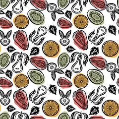 Fruit pattern illustration, black silhouettes of fruits with color spots