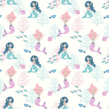 Cute illustrations of mermaids, corals and fish. Template for various types of printing. Cute pictures for patterns, business cards, invitations and postcards.