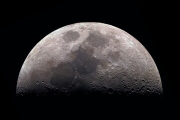 Moon, view through a telescope. The moon with craters. Real photos of space objects through a telescope. Natural background.