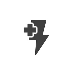 Energy plus vector icon. filled flat sign for mobile concept and web design. Lightning and plus glyph icon. Symbol, logo illustration. Vector graphics