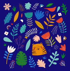 spring pattern with flowers,  leaves and tiger. Spring symbols. Decorative colourful stickers and doodles. Hand-drawn modern illustration