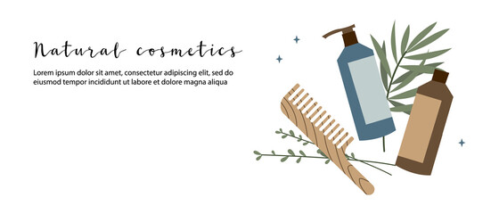 Natural skin care. Organic cruelty-free cosmetics. Vegan makeup. Herbal beauty products for face and body care. Vector flat cartoon illustration. Perfect for landing page, banner design, website