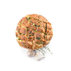 Fresh bread with garlic on white background