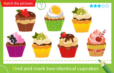 Find and mark two identical items. Puzzle for kids. Matching game, education game for children. Color image of holiday cupcakes or muffins. Worksheet for preschoolers