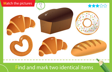 Find and mark two identical items. Puzzle for kids. Matching game, education game for children. Color images of baked goods. Worksheet for preschoolers