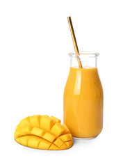 Bottle of tasty mango smoothie on white background