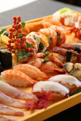 a plate of colorful assorted sushi 형형색색의 다양한 모듬 초밥 한 접시