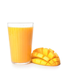 Glass of tasty mango smoothie on white background