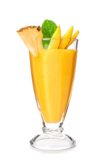 Glass of tasty mango smoothie on white background
