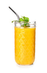 Glass of tasty mango smoothie on white background