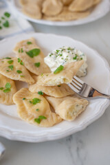 Obraz premium pierogi ruskie, Baked dumplings stuffed with curd cheese and potatoes 