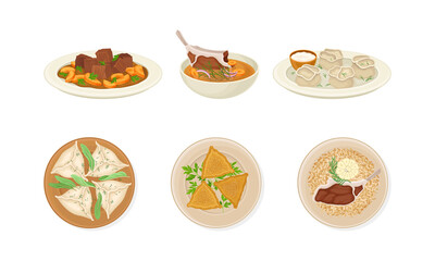 Traditional Dishes of Uzbek Cuisine with Dumplings and Mutton Soup Above View Vector Set