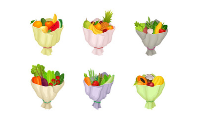 Ripe and Juicy Fruit and Vegetable Bunch or Bouquet Wrapped in Paper Vector Set