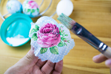 How to decorate an Easter egg with decoupage technique. Step by step, tutorial. Step 3 - obrazy, fototapety, plakaty