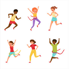 Young Male and Female in Sportswear Running in Marathon or Road Race Vector Illustration Set